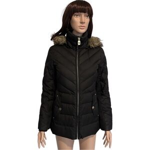 Michael Kors Women Black Down Puffer Coat Faux Fur Hood Winter Jacket Size PXS